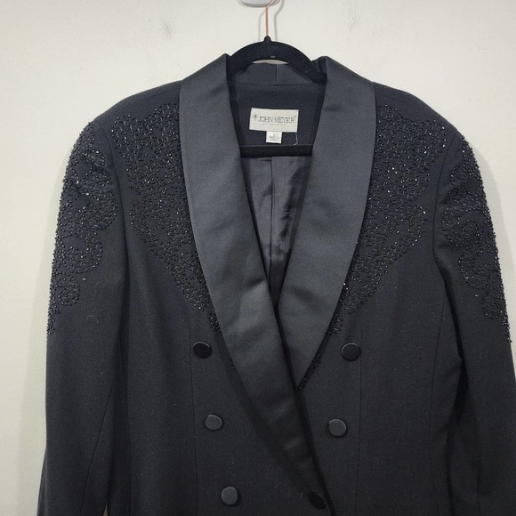 John Meyer Black Beaded Satin Wool Tuxedo Double-Breasted Jacket Blazer Size 12 - Picture 4 of 16